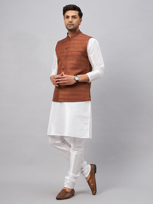 Vastramay Men's Coffee Matka Silk Nehru Jacket With White Silk Blend Kurta Pyjama Set